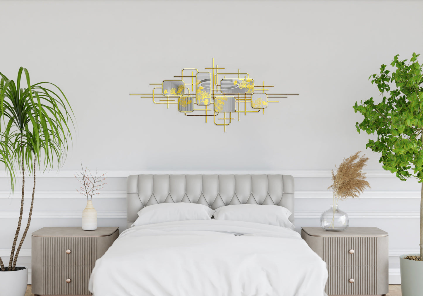 Multi Shape Mirrors Printed Ginkgo Leaves Large Metal Wall Sculpture Art Wall Hanging Décor